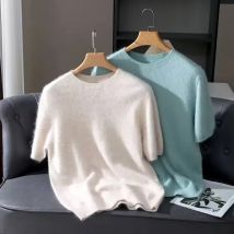 100% visone cashmere lavorato a maglia a maniche corte da uomo girocollo allentato tinta unita mezza manica semplice t-shirt casual business cashmere