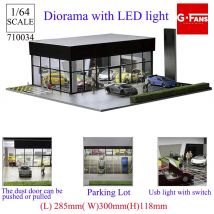 G-FANS 1:64 Scale Diorama Models Car Garage Model LED Lighting Double Deck Garage Car Parking Lot Display Scene Miniatures