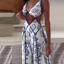 2025 Sexy Tiefem V Hohe Taille Hosenträger Kleid Frauen Mode Muster Gedruckt Spitze-up Party Kleid Dame Casual hohl-out Langes Kleid