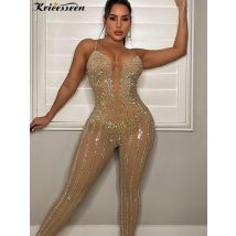 Kricesseen Sexy Strass Kristall Sheer Dünne Overalls Frauen Strap Mesh Patchwork Ein Stück Strampler Nacht Clubwear Outfits