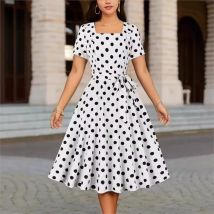 Women's Printed Polka Dot Waist-cinching Belt-concealing Dresses Summer Square Neck Slimming Elegant Long Skirt Woman 2025