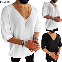 Neue 2025 männer Sommer Kurzarm Stricken Tops Shirts Casual V-ausschnitt Britischen Lose Shirts Männlich Solide Shirts für Männer mode Tops