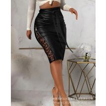 Skirts for Women New Sexy Split Lace Splice Slim Fit Lace Strap Half Fit Leather Skirt Women