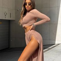 Herbst Neue Tees Hosen 2-teilig Sexy Solide Frauen Streetwear Fashion Halb Hohen Kragen Mit Langen Ärmeln Tees Beiläufige Dünne Split Hosen