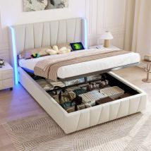 LVHOM 160×200 cm Moderner Beige Bettrahmen, Aus Samtstoff Gefertigt,Mit USB-Anschlüssen Ausgestattet,Silikon-Lichtleisten-Design.