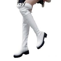 winter The New Rabbit hair fashion Round head High tube Over the knee boots Plus velvet Keep warm High heel Women boots