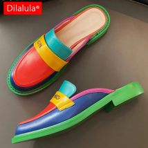 Dilalula Plus Size 34-42 New Genuine Leather Slippers Women Mixed Color Fashion covered toe Flat Mules Ladies Summer Shoes 2025