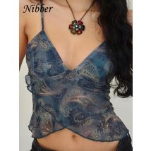 Nibber Mesh See Through Printed Vest Women Sexy Casual V-neck Sleeveless Suspender Camisole Patchwork Tank Top Streetwear