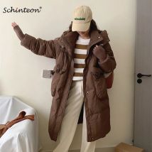 Schinteon Frauen weiße Ente Daunen lange Jacke Herbst Winter lässig locker über Größe warme Outwear mit Kapuze Mantel 2024 koreanischen Stil