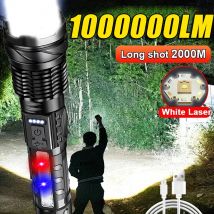100000 LM Leistungsstarke LED-Taschenlampe, wiederaufladbar, Zoom, taktische Taschenlampe, 2000 m, große Reichweite, leistungsstarke Taschenlampe, Angeln, Camping, Laterne