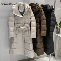 Schinteon Lange Jacke für Damen, weiße Entendaunen, Herbst und Winter, warm, Bürodame, schlanke Oberbekleidung mit Kapuze, Gürtel, einfacher Stil, 2024, Neu