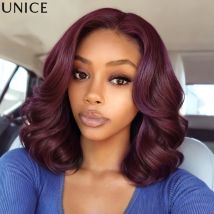 UNice 7x5 Lace No-Slip Cap Black Cherry Wavy Bob Wig With Face-framing Layers Glueless 100% Human Hair Wigs 150% Density