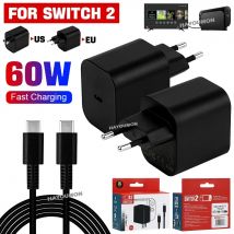 New 60W EU US Fast AC Adapter Charger Plug for Switch 2 20V/3A Power Supply with 1.5M USB Type-C Charging Cable Support TV Mode