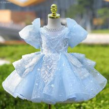 Girls Blue Party Dress Vestido Princess Gown Birthday Party Kids Elegant Piano Recital Pageant Formal Wear Children Costumes