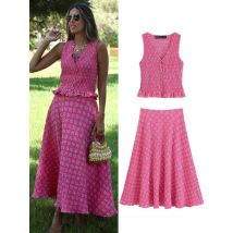 HH Frauen Mode Gedruckt Rock Set Chic Ärmelloses V-ausschnitt Spitze-up Dekoration Top + Hohe Taille Zipper Plissee Midi rock