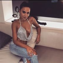 Sexy Low Cut Backless Glänzende Strass Crop Tank Tops Für Dame Frauen Aushöhlen Halter Metallic Pailletten Solide Party Rohr Top