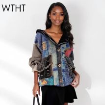 WTHT 2025, Herbst Mode Unregelmäßigen Druck Stricken Patchwork Denim Mit Kapuze Jacke Trendy Neue Lose Langen Ärmeln Mantel Weibliche 1LS2389