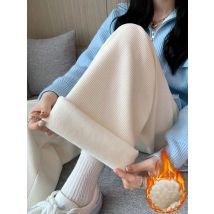 Winter Women Fleece Wide Leg Long Pants Thicken Warm Winter Stright Long Elastic Waist Trousers Casual Loose Female Botton Pants