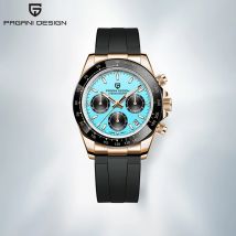 PAGANI DESIGN Sportowy Zegarek Kwarcowy Luminous Wodoodporny Różowe Złoto Niebieska Tarcza Modny Prezent Festiwalowy Zegarek Męski + Pudełko