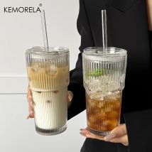 600ML Szklana filiżanka do kawy w paski z pokrywką i bez pokrywki Słomkowe przezroczyste szklanki do