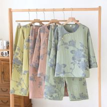Herbst Reine Baumwolle Gaze frauen Pyjamas Antike Magnolia Druck Langarm Rundhals Lose Weiche Hause Tragen Set