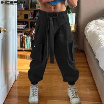 INCERUN Männer Cargo Hosen Solide Jogger Elastische Taille Hose Männer Mit Gürtel Streetwear Lose 2024 Mode Lässig Pantalon S-5XL