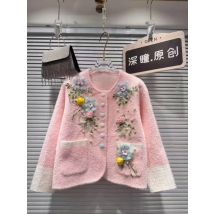Luxus Vintage Blume Perlen Kunstpelz Strickwaren Strickjacke Mantel für Damen Herbst Winter 2025, Langarm Pullover Outwear Jacke