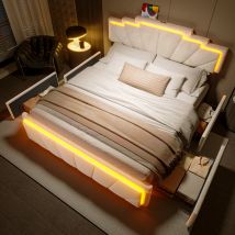 LVHOM Letto imbottito moderno 160x200 cm con testiera trapezoidale, illuminazione a LED integrata, doppia regolazione dell'altezza, USB tipo C