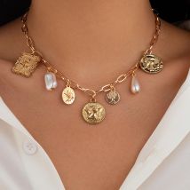 Lacteo Vintage Gold Farbe kreisförmige Anhänger Kette Halskette Temperament Wasser tröpfchen geformte Imitation Perle kurze Choker Halskette