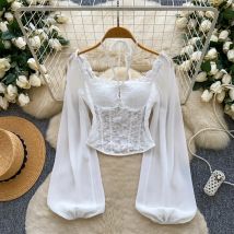 vintage square neck halter Spliced basics long sleeve korean fashion blouse autumn women clothing