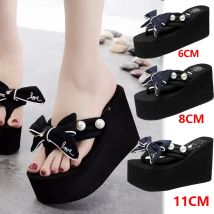 6/8/11cm Super High Heel Flip Flop hand gefertigte Perlen bogen Slip auf Seaside Slides Urlaubsreise Mode Damen schwarze Strands chuhe