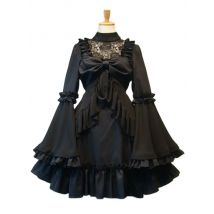 Gothic Lolita OP Dress, One Piece Dresses, Long Sleeve, Black, White, Ruffles,