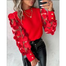 Herbst Rundhals Spitze Patchwork Langarm Hemd Bluse elegante Frauen rot bedruckten Knopf alle passen Top Office Lady Blusen
