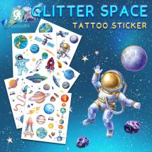 120+ Stück Weltraum-temporäre Tattoos für Kinder, 12 Blatt Raketenschiff-Universum, Sonne, Mond, Tattoos, Aufkleber für Kinder, Jungen, Party