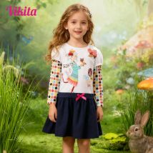 VIKITA Kids Cotton Dress Toddlers Long Sleeve Autumn Spring Doll Floral Print Dresses Girls Casual School Daily Cute Dress 3-8Y