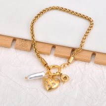 BOBOTUU Vergoldetes Edelstahl-Herz-Armband, simulierte Perle, rostfreie Kette, modischer Persönlichkeitsschmuck für Damen, BB25017