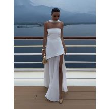 Elegant Women's Strapless Ribbon Long Dress Vintage Mesh Patchwork Corset Maxi Dresses Summer Evening Wedding Guest White Yellow