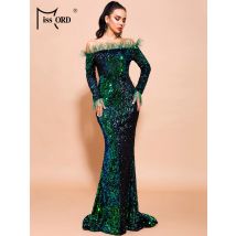Falsche grüne Pailletten Abendkleider elegante Frauen von der Schulter Feder lange Ärmel Bodycon