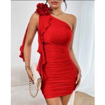 2023 Sommer Sexy Damen-Kleid mit schräger Schulter, rückenfrei, mit 3D-Blumenstickerei, schmal geschnitten, figurbetont, Po-Lifting-Kleid