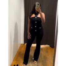 HH Women Fashion Elasticity Neck Halter Button Design Sexy Sleeveless Backless Top+Chic Elastic Waist Slim Trousers Suit