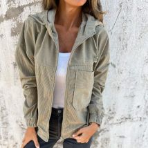 Herbstmode einfarbige Reißverschlussjacke mit Taschen, europäische und amerikanische einfache Cord-beiläufige lose Kapuzenjacke für Damen