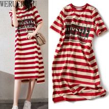 Gestreiften Print Kurzarm Midi Kleid Sommer Ästhetische Kleidung Koreanische Mode Casual Harajuku Kleider für Frauen 2023 Vestidos