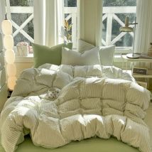 Gewaschenes Baumwoll-Bettbezug-Set im Nordischen Minimalistischen Stil Grau Gestreiftes Bettset Heimtextilien Bettwäsche-Set Bettlaken 2025