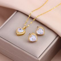 Neue Sparkly Süße Zirkon Liebe Herz Anhänger Halsketten Ohrringe Für Frauen Weibliche Täglichen Verschleiß Edelstahl Schmuck Set Großhandel