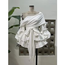 Damen-Set Resort, asymmetrischer, schulterfreier Crop-Top-Minirock, zweiteilig, unregelmäßige Schleife, Taille, Puffärmel, 2025, Party-Abendkleid