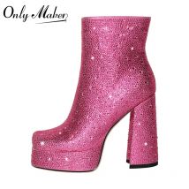 Onlymaker Women Pink Rhinestone Platform Ankle Boots Square Toe Chunky High Heels Block Heel Fuchsia Crystal Booties
