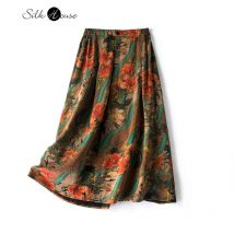 2025 frauen Casual Herbst Neue Stil 100 % Natürliche Maulbeerseide Gambiered Guangdong Gaze Hohe Taille Gedruckt A-linie Rock