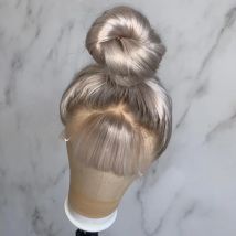 Ash Blonde Straight Wig with Bangs Melted Dark Roots Human Hair Lace Front Wig Ponytailed with Fringe Natural Look Bangs Wig