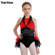 Dziecięca Dziewczęca Sukienka do Tańca Jazzowego Baletu, Kostium Sceniczny, Przezroczysta Siateczka, Błyszczące Cekiny, Pióra, Trykot, Body, Strój Taneczny