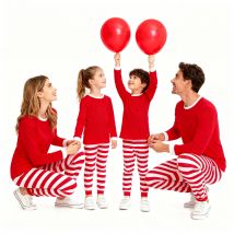 Family Christmas Matching Pajamas Sets Red Top with Striped Pants Long Sleeve Sleepwear for Dad Mom Kids Xmas Loungewear Outfits